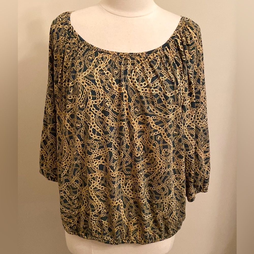 MICHAEL Michael Kors Green Gold Chain Print Old Money Chic Boho Casual Top SZ 1X